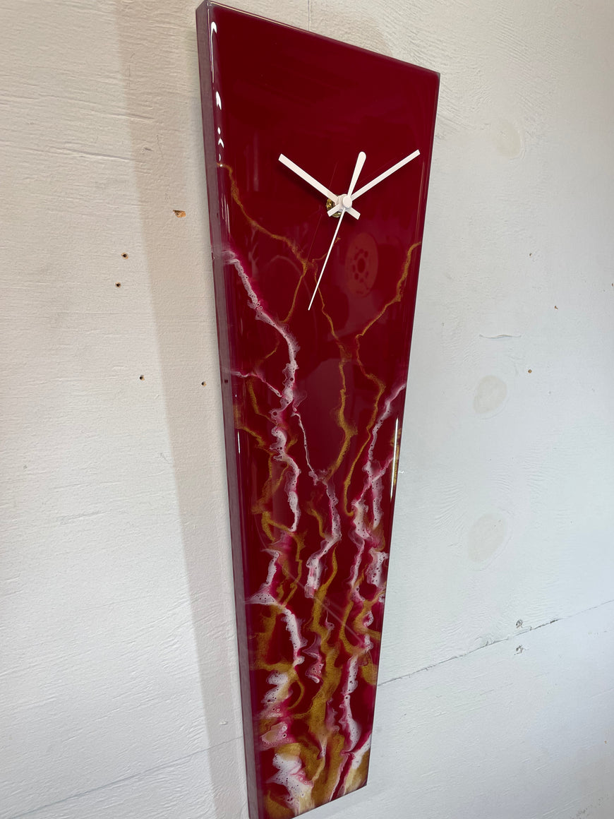 Narrow Dark Red Maroon White and Gold Abstract Resin Wall Clock