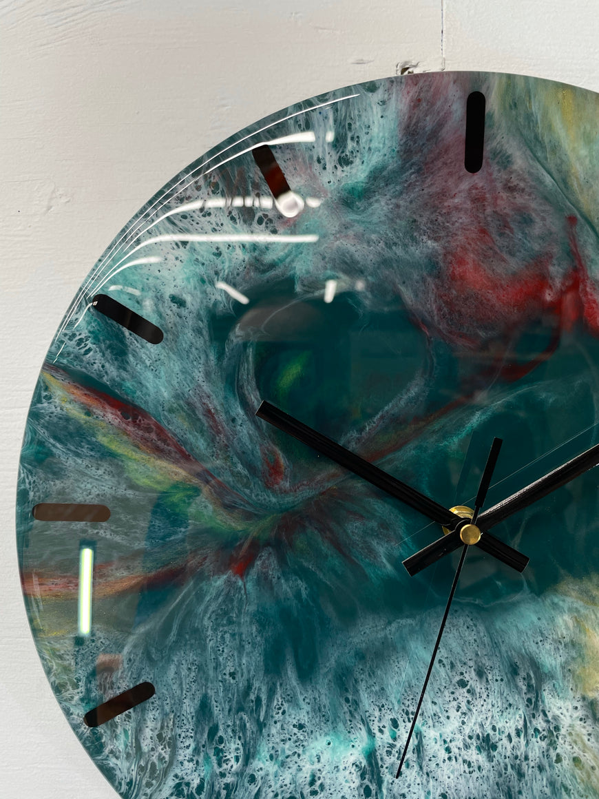 33cm Dark Green Maroon and Gold Abstract Modern Resin Wall Clock