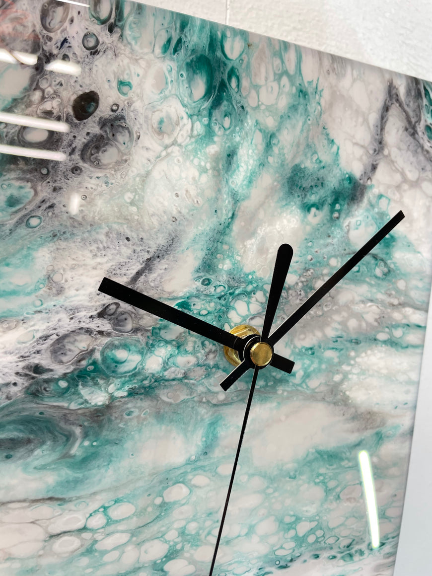 Narrow Grey Emerald Green Black and White Abstract Resin Wall Clock