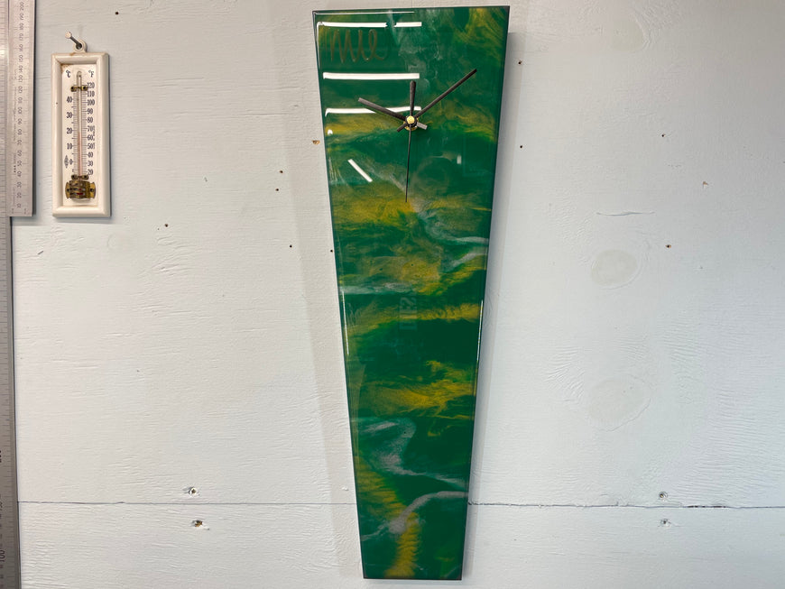 Narrow Dark Green Silver and Gold Abstract Resin Wall Clock