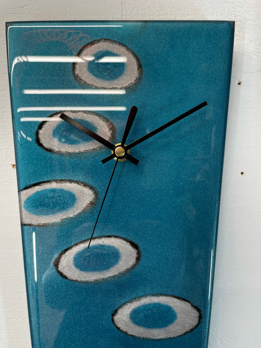 Narrow Turquoise Black and Silver Abstract Resin Wall Clock