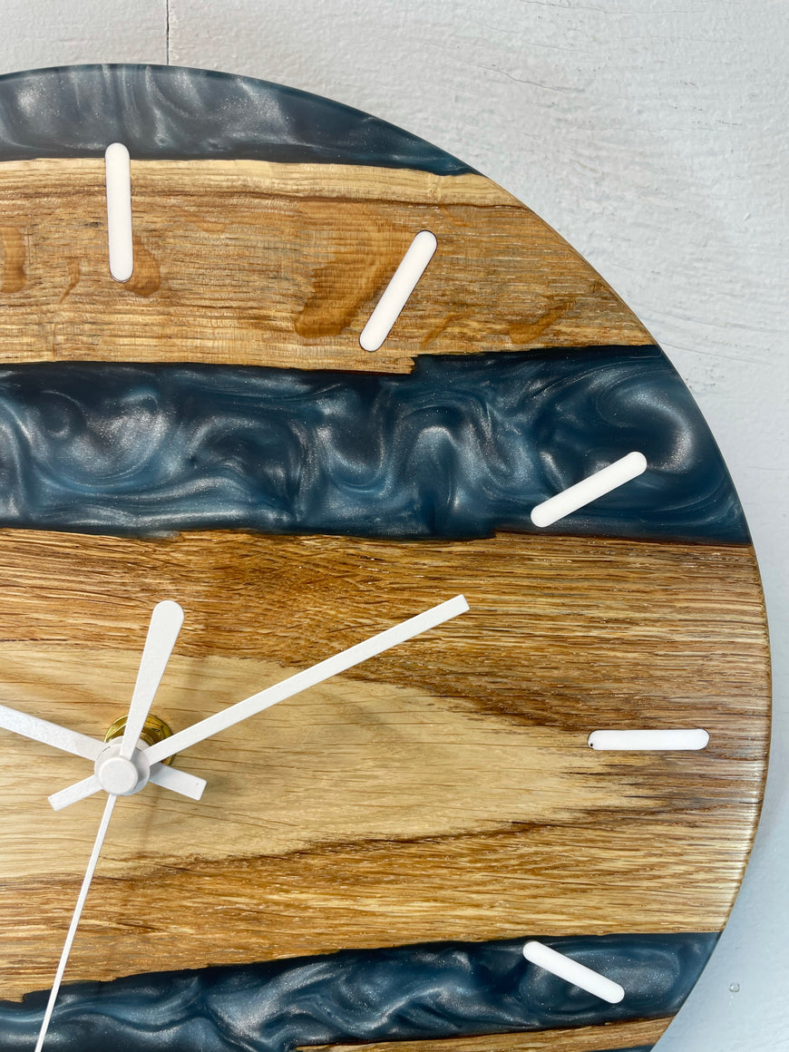 English Oak and Metallic Blue Pearlescent Resin Wall Clock
