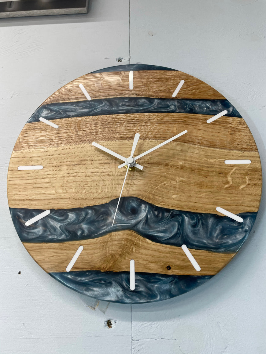English Oak and Metallic Blue Pearlescent Resin Wall Clock