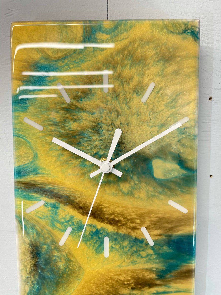 Teal and Gold Abstract Resin Wall Clock