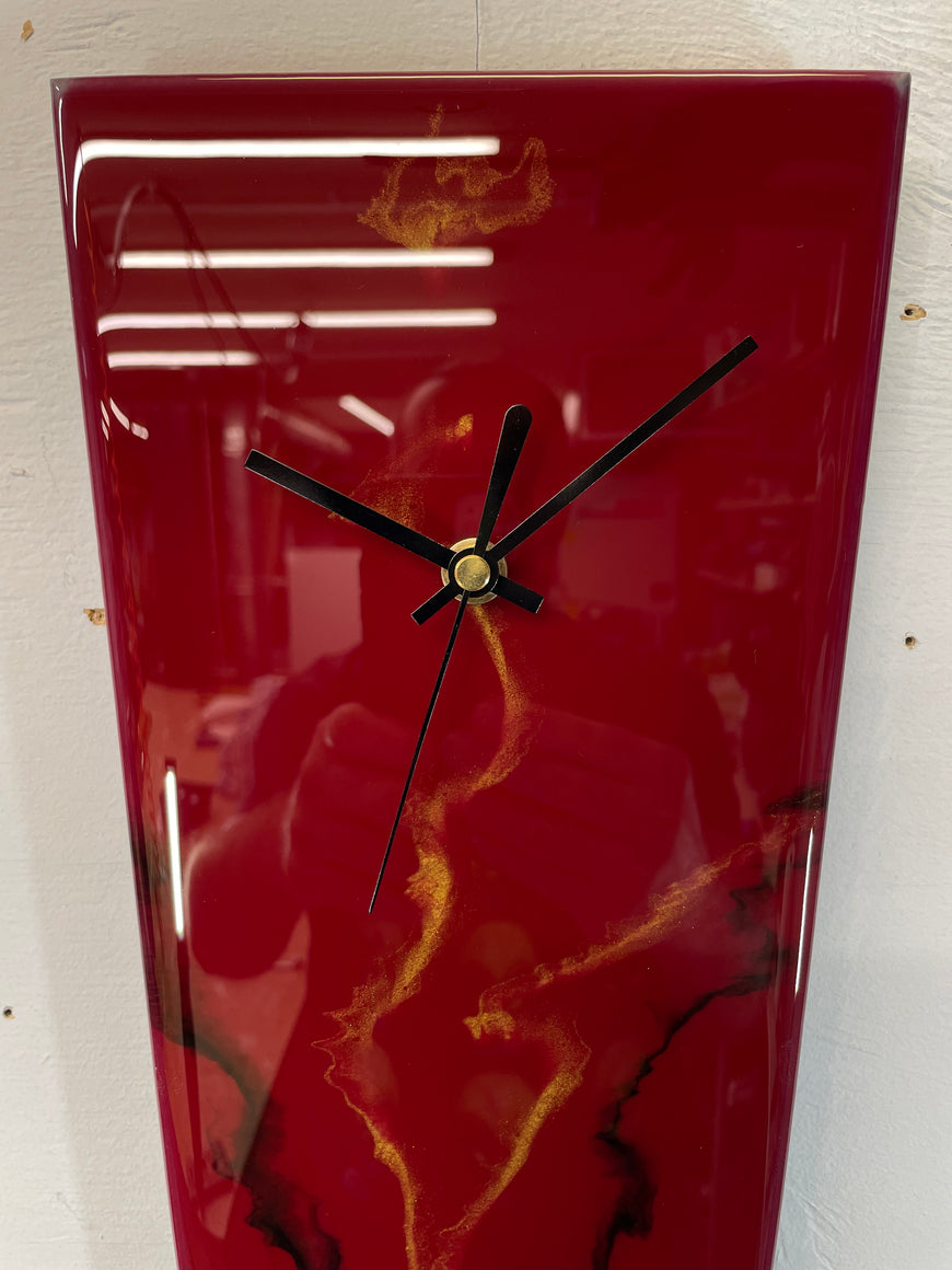 Narrow Dark Red Maroon Black and Gold Abstract Resin Wall Clock