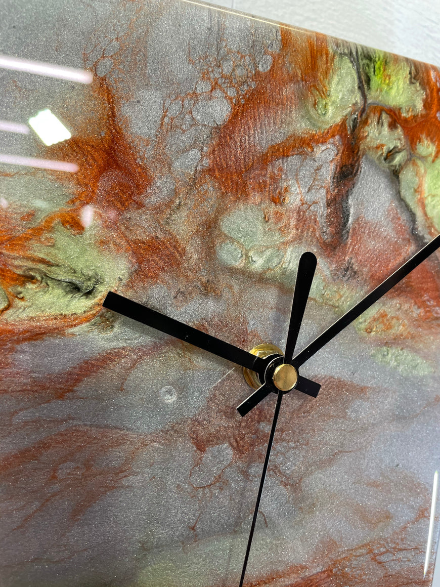 Narrow Metallic Silver Copper and Lime Green Abstract Resin Wall Clock