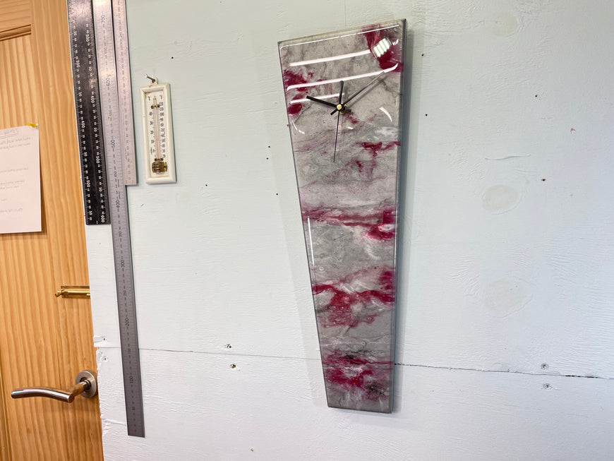 Narrow Silver and Blood Red Abstract Resin Wall Clock