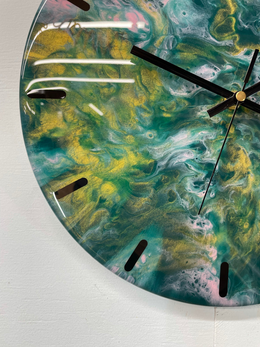 33cm Dark Green Pink and Gold Abstract Modern Resin Wall Clock