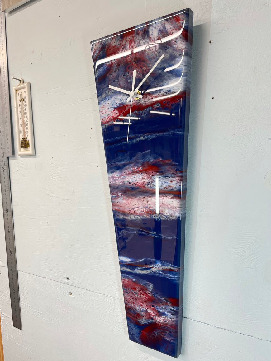 Narrow Navy Blue Blood Red and White Abstract Resin Wall Clock
