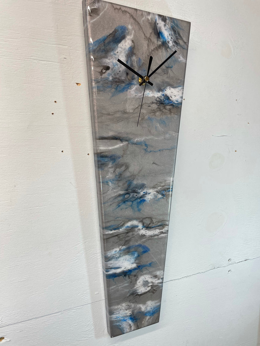 Narrow Metallic Silver Blue Black and White Abstract Resin Wall Clock