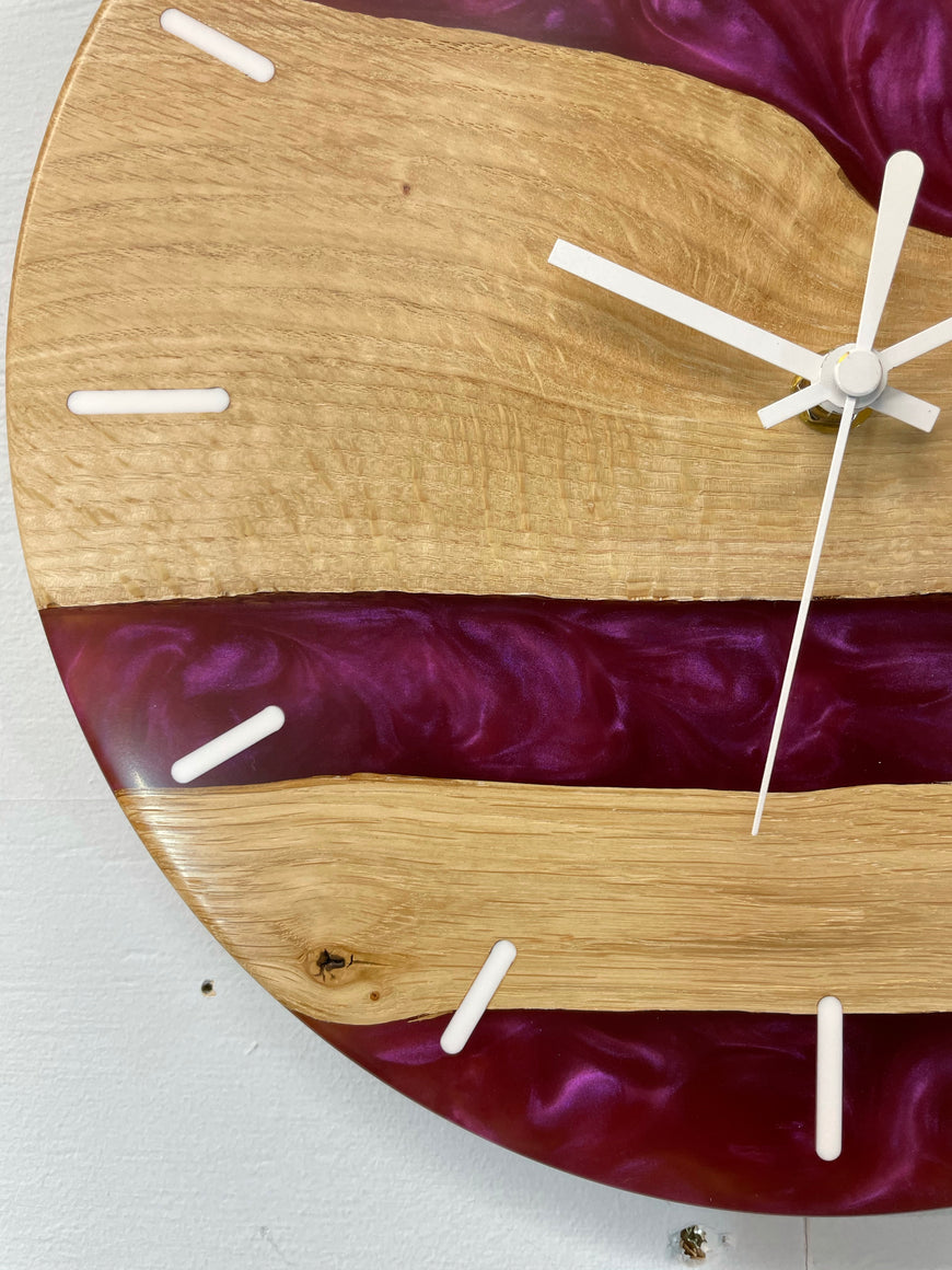 English Oak and Pearlescent Magenta Resin Wall Clock