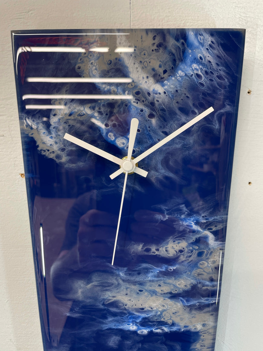 Narrow Navy Blue Grey and White Abstract Resin Wall Clock