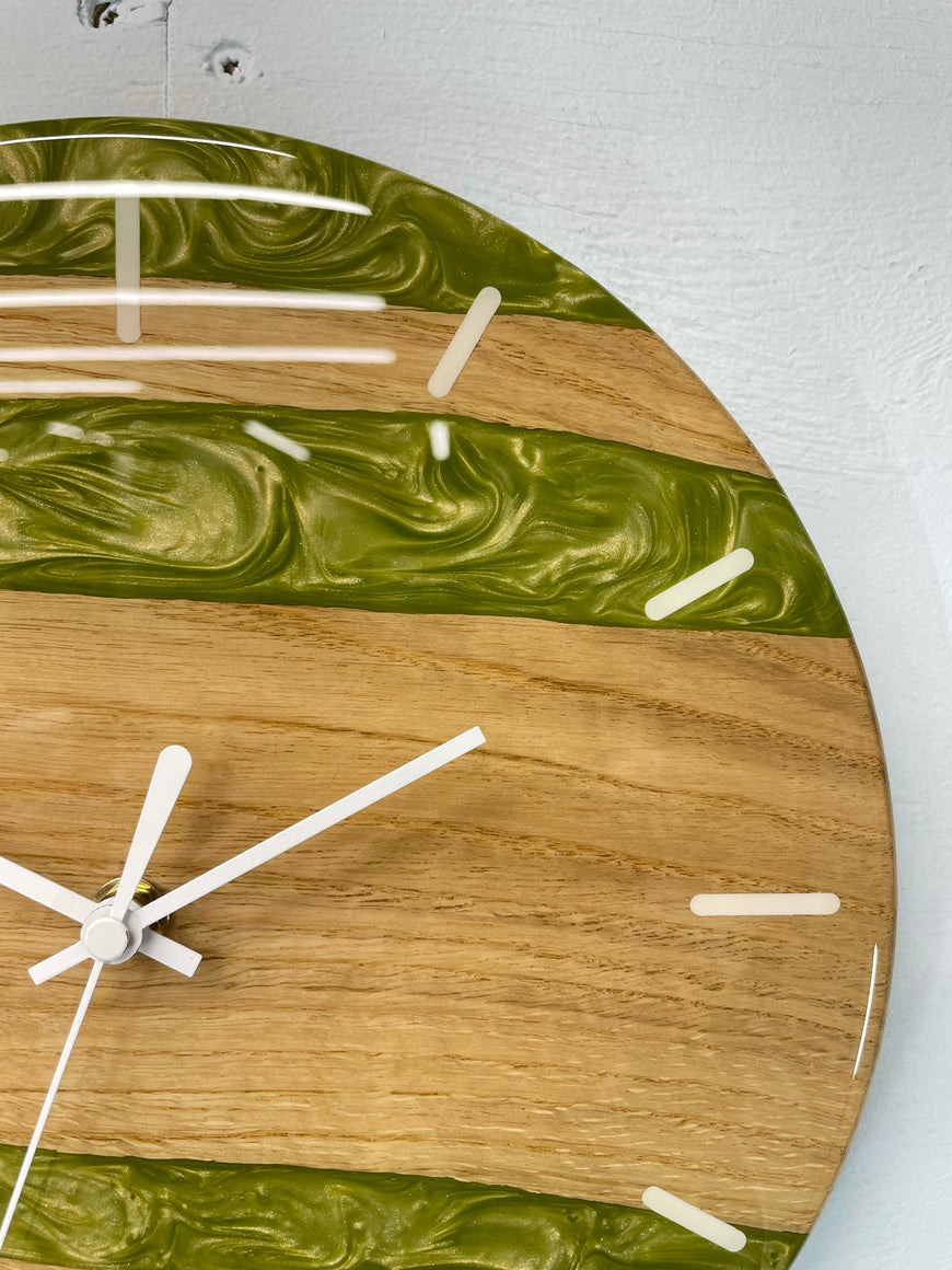 English Oak and Green Pearlescent Resin Wall Clock