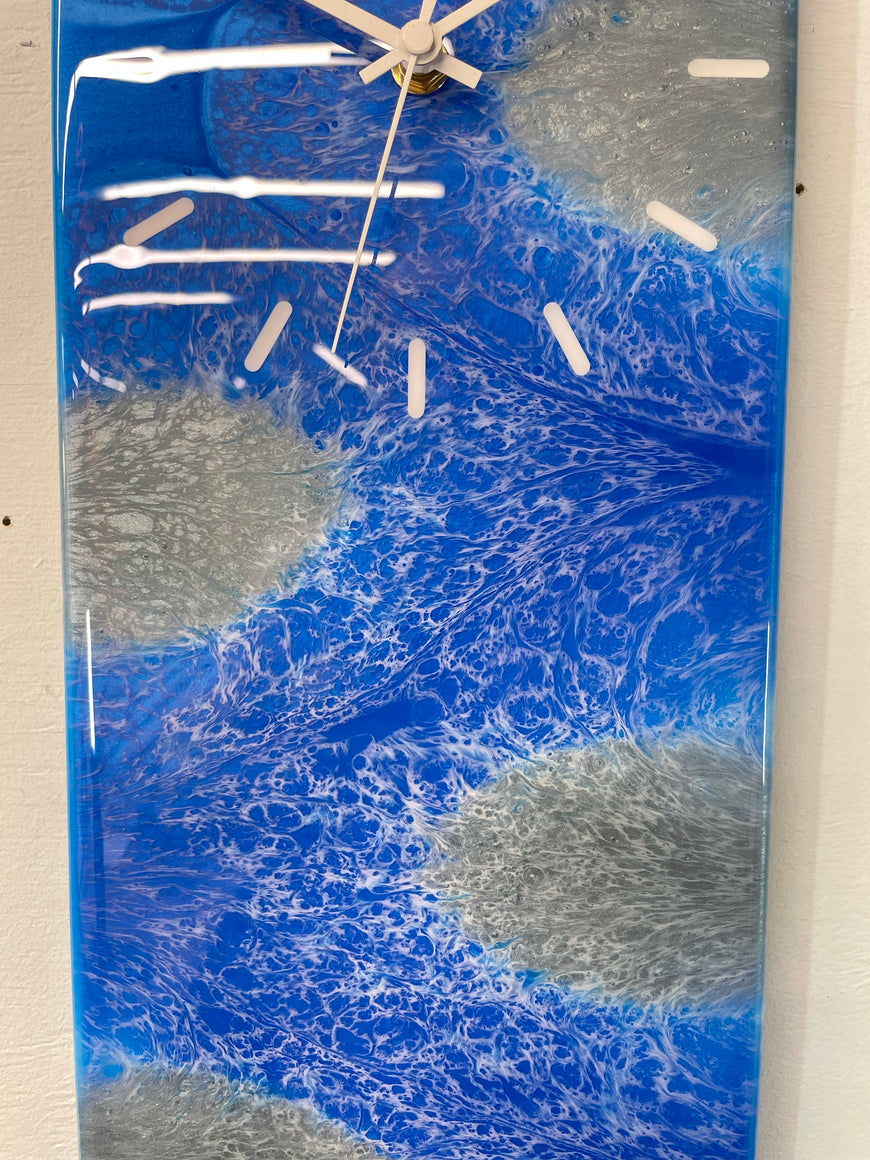 Sapphire Blue And Silver Abstract Resin Wall Clock