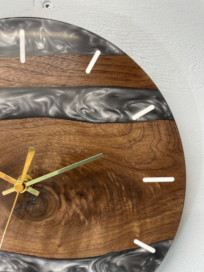 Black Walnut and Metallic Silver Resin Wall Clock