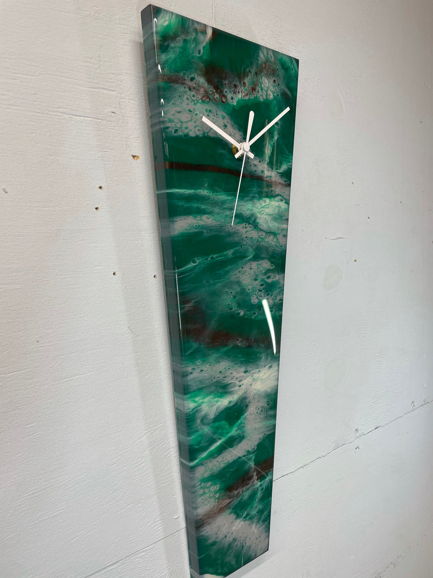 Narrow Emerald Green Copper and Grey Abstract Resin Wall Clock