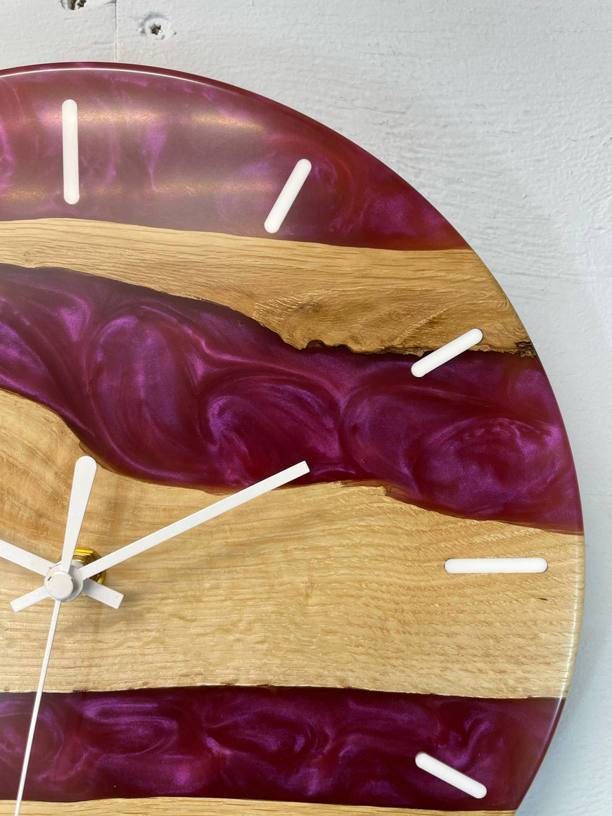 English Oak and Pearlescent Magenta Resin Wall Clock