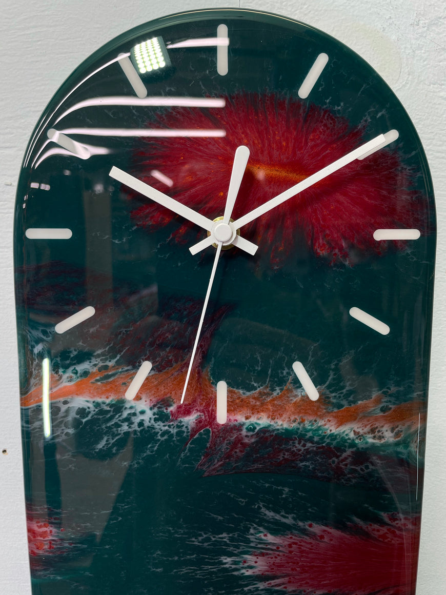 Narrow Emerald Green Blood Red and Copper Abstract Resin Wall Clock