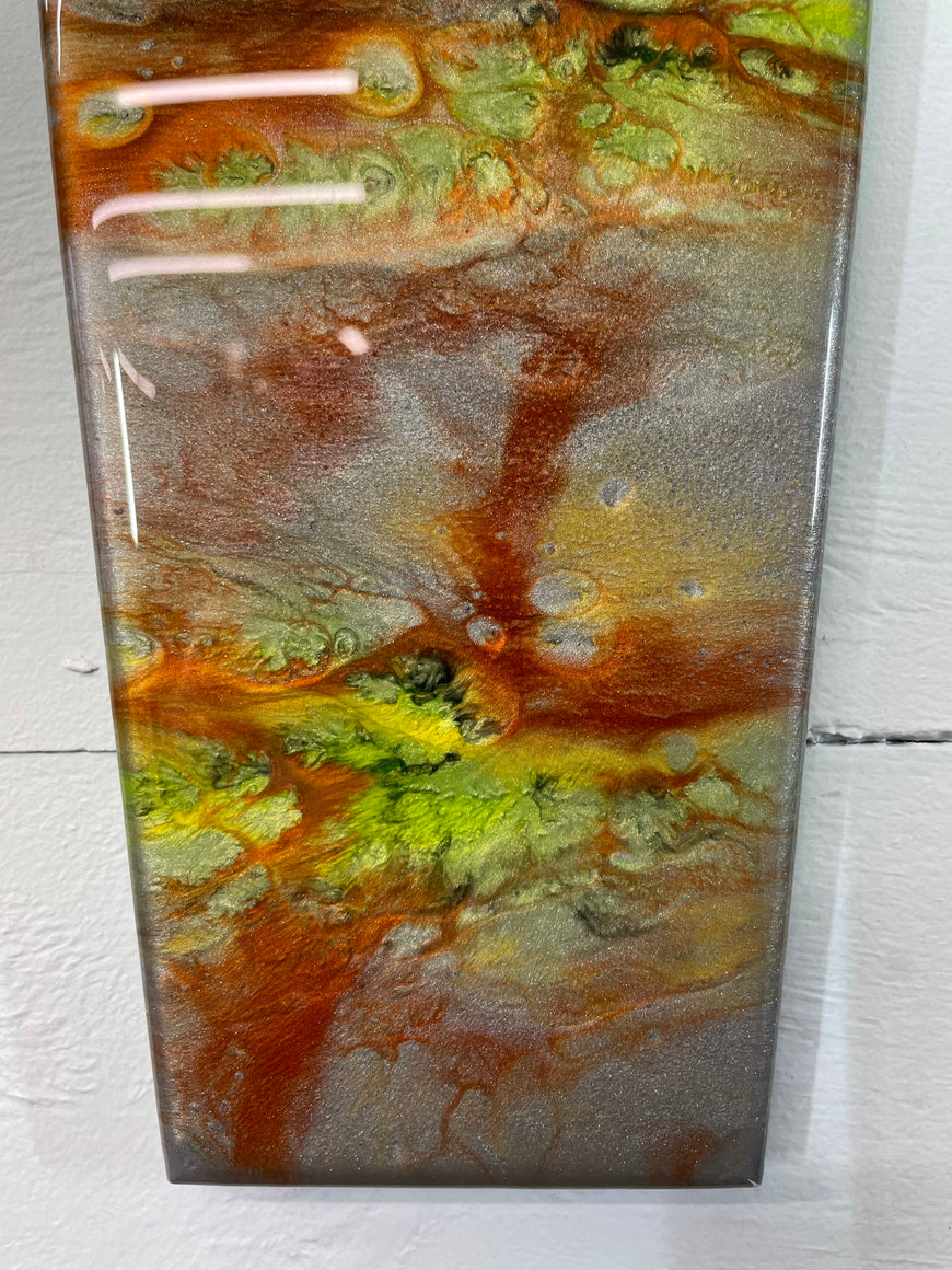 Narrow Metallic Silver Copper and Lime Green Abstract Resin Wall Clock