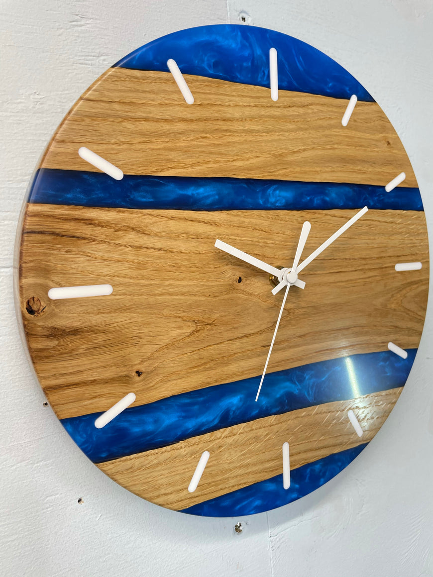 English Oak and Sapphire Blue Pearlescent Resin Wall Clock