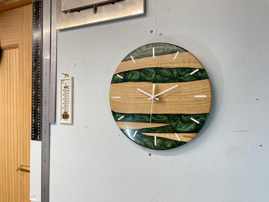 English Oak and Dark Green Pearlescent Resin Wall Clock