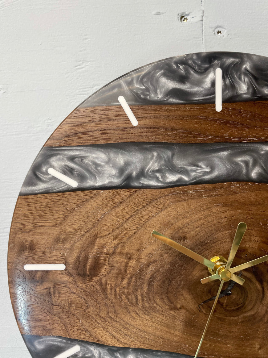 Black Walnut and Metallic Silver Resin Wall Clock