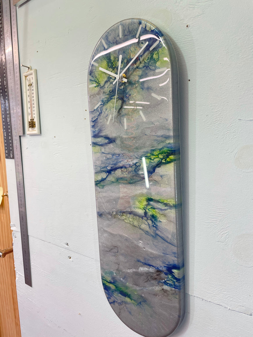 Narrow Metallic Silver Blue and Green Abstract Resin Wall Clock