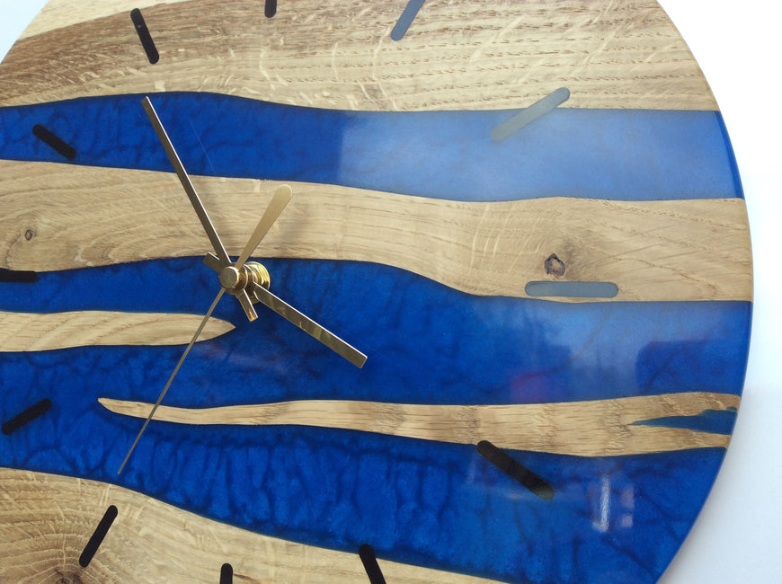 Modern Oak and Blue Resin Wall Clock 