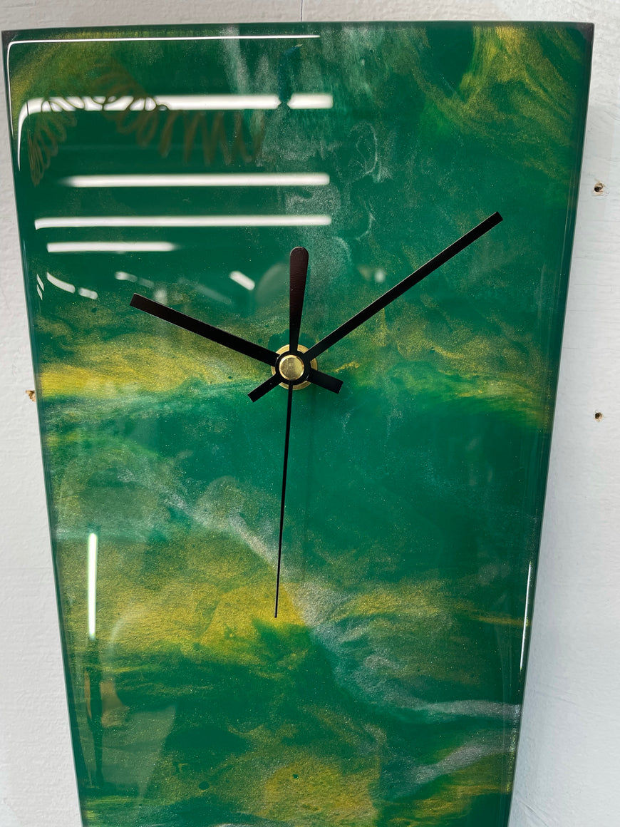 Narrow Dark Green Silver and Gold Abstract Resin Wall Clock