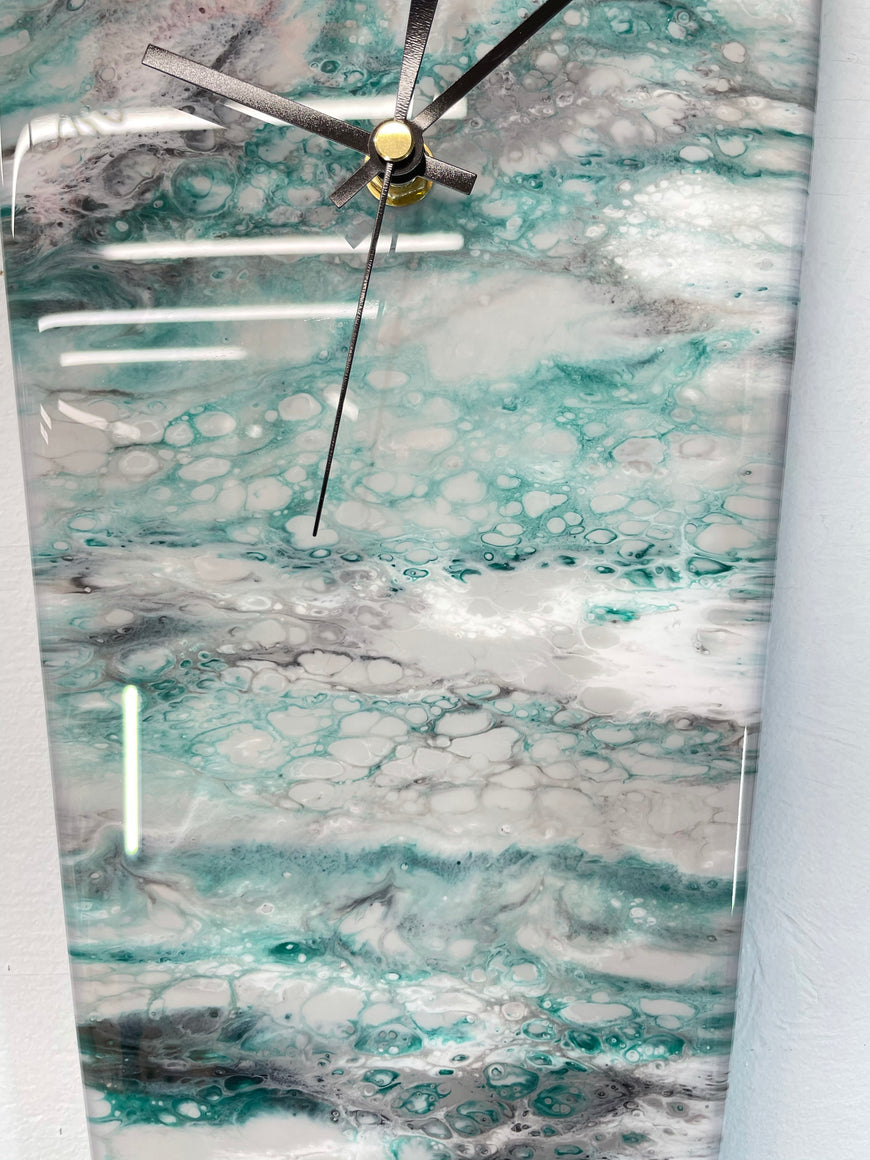 Narrow Grey Emerald Green Black and White Abstract Resin Wall Clock