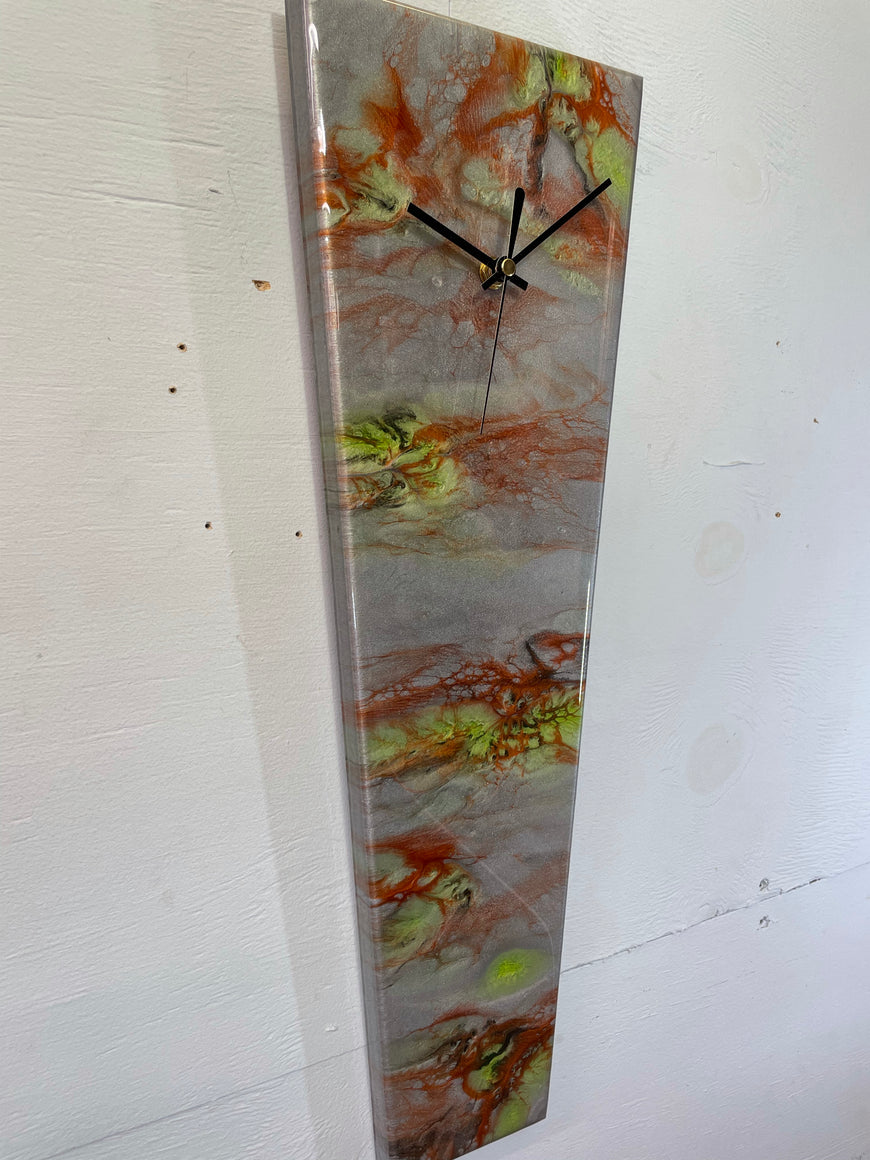 Narrow Metallic Silver Copper and Lime Green Abstract Resin Wall Clock