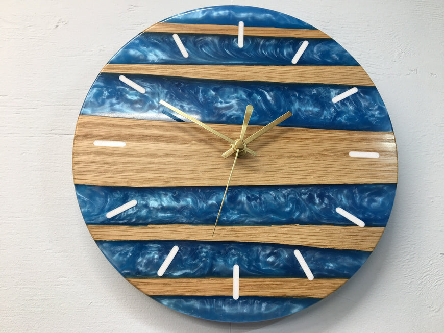 Sky Blue Pearlescent Resin and Red Oak Wall Clock