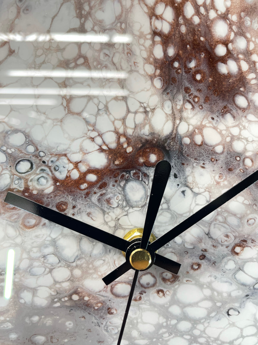 Narrow Grey White and Copper Abstract Resin Wall Clock