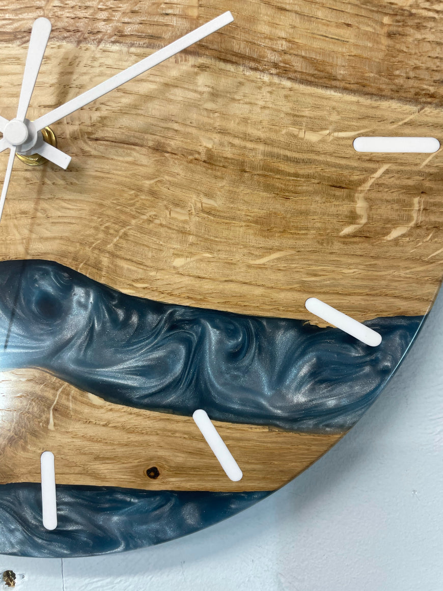 English Oak and Metallic Blue Pearlescent Resin Wall Clock