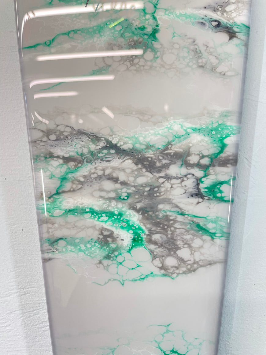Long Grey Emerald Green and Black Abstract Resin Wall Clock