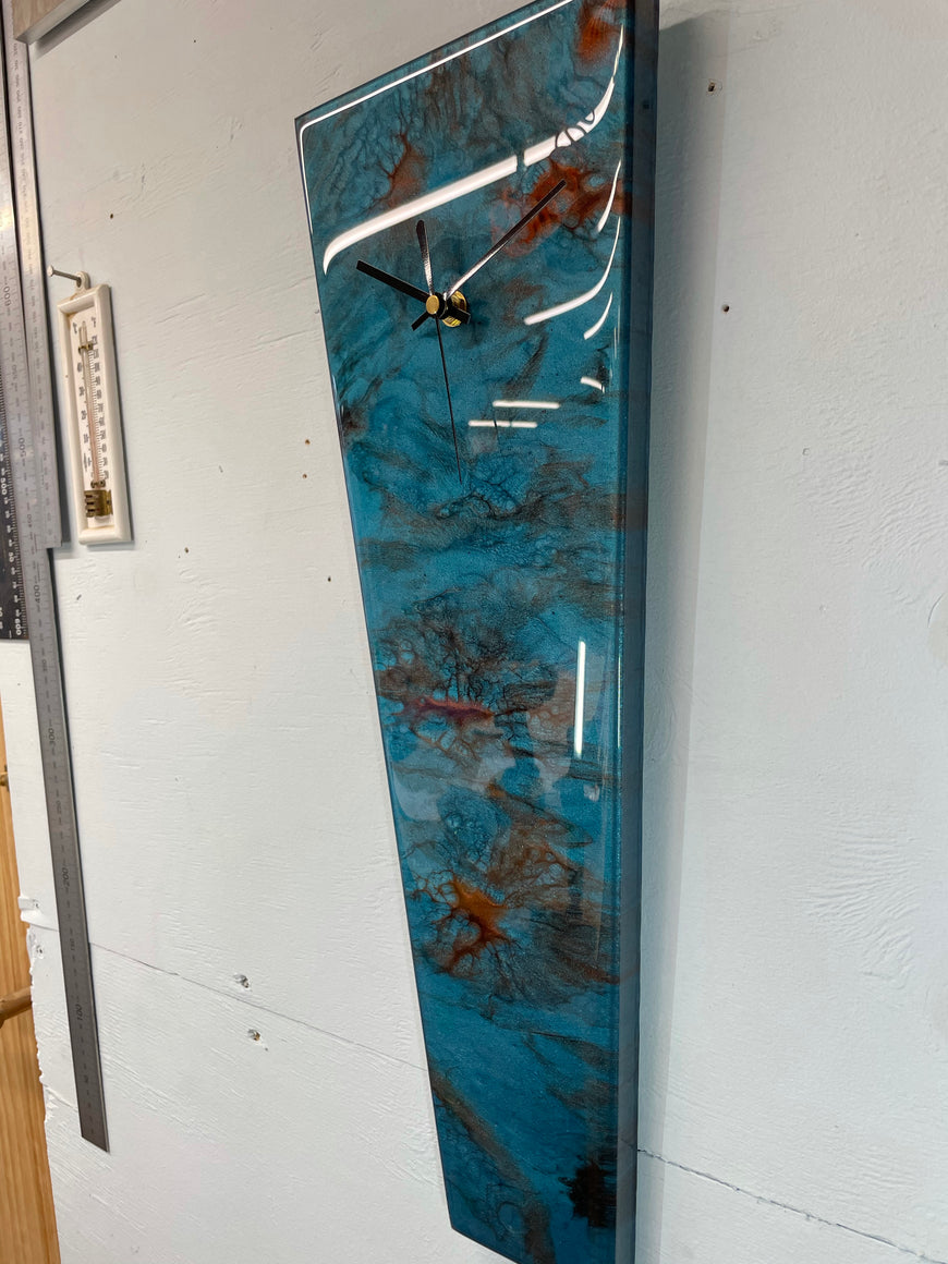 Narrow Turquoise and Copper Abstract Resin Wall Clock