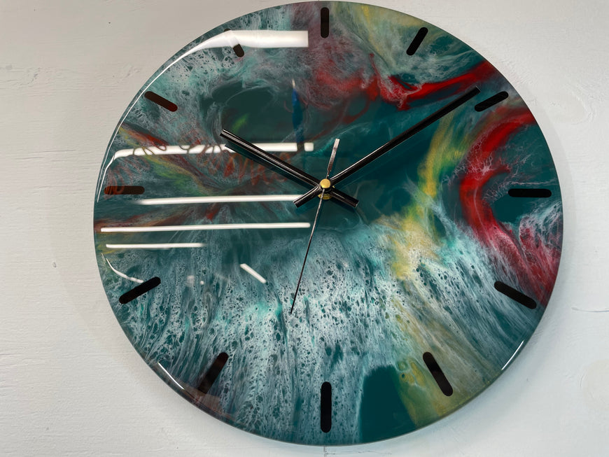 33cm Dark Green Maroon and Gold Abstract Modern Resin Wall Clock