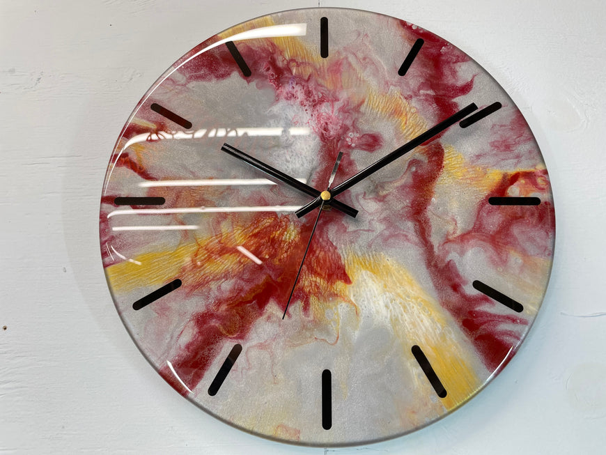 33cm Metallic Silver Maroon and Gold Abstract Modern Resin Wall Clock