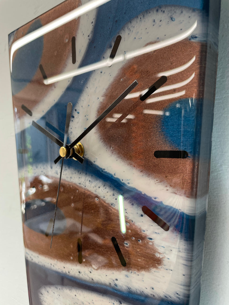 70cm Long Narrow Dark Blue and Copper Abstract Resin Wall Clock