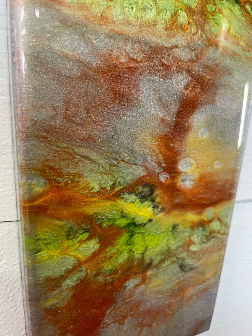 Narrow Metallic Silver Copper and Lime Green Abstract Resin Wall Clock