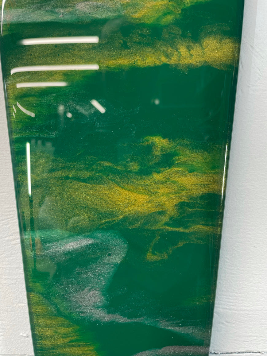 Narrow Dark Green Silver and Gold Abstract Resin Wall Clock