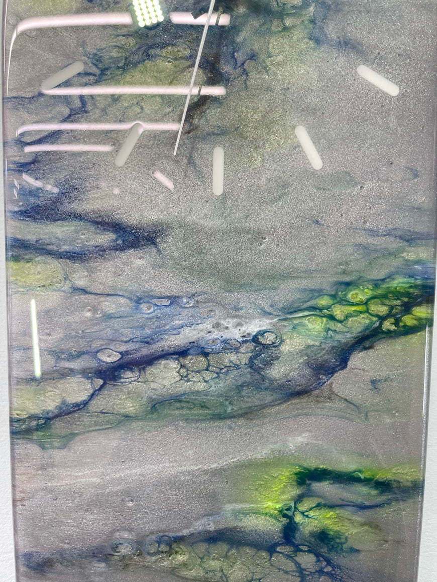 Narrow Metallic Silver Blue and Green Abstract Resin Wall Clock