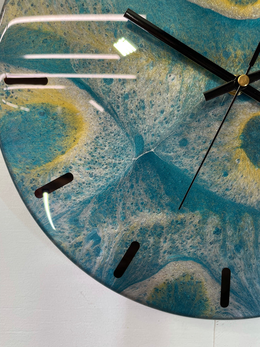 33cm Turquoise Silver and Gold Abstract Modern Resin Wall Clock