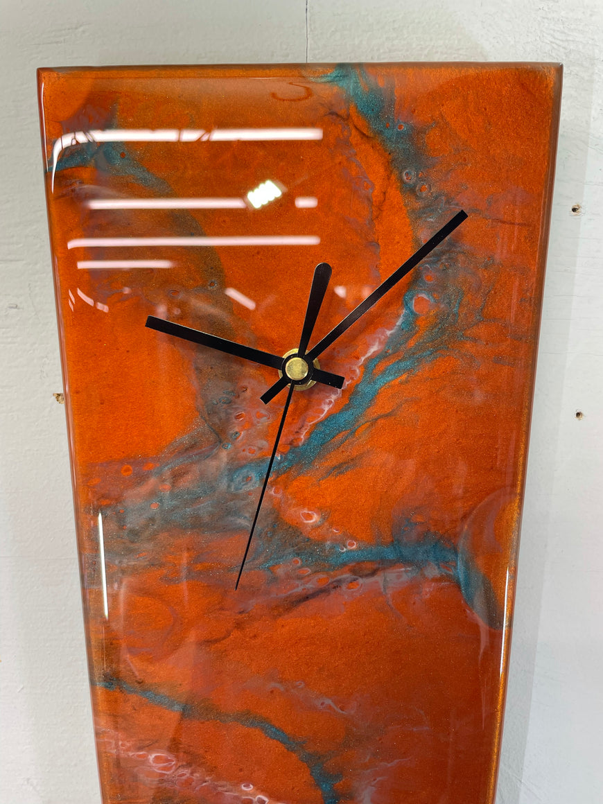 Long Copper Turquoise and White Abstract Resin Wall Clock