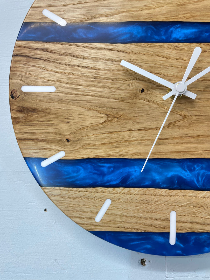 English Oak and Sapphire Blue Pearlescent Resin Wall Clock