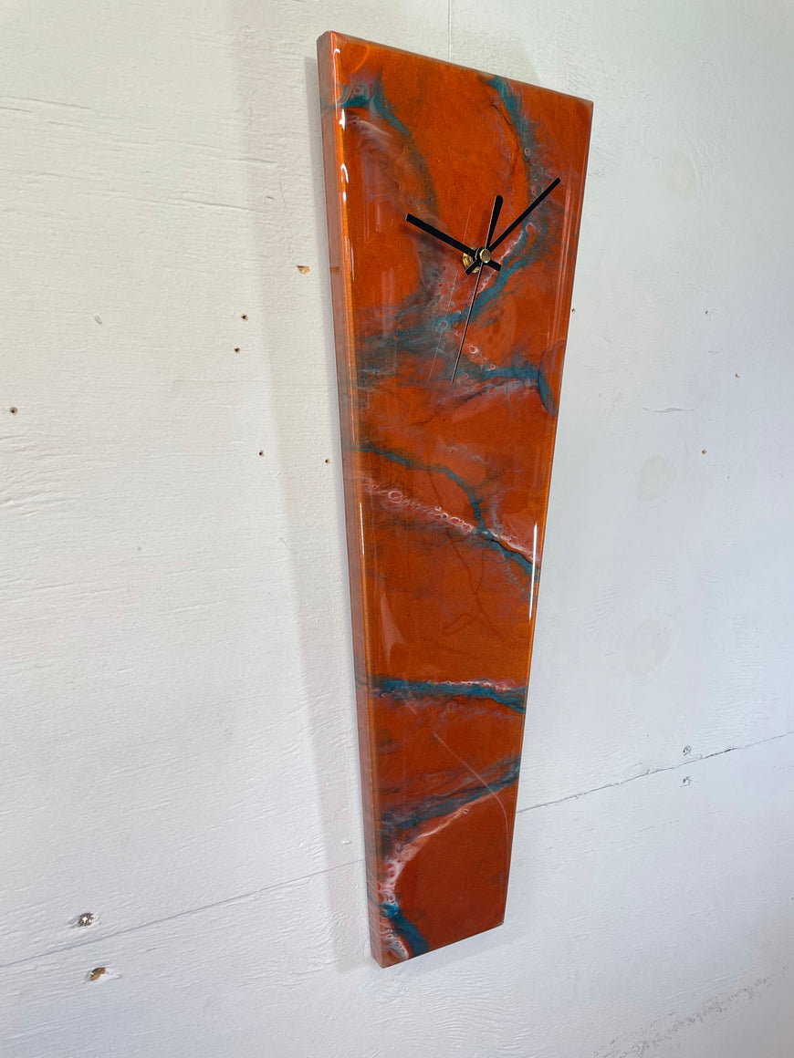 Long Copper Turquoise and White Abstract Resin Wall Clock