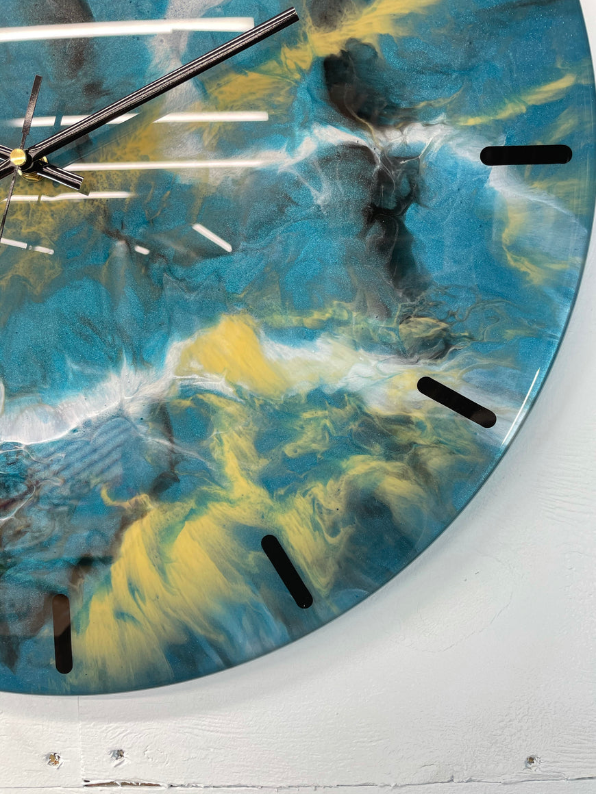 50cm Large Teal Black White and Gold Abstract Modern Resin Wall Clock