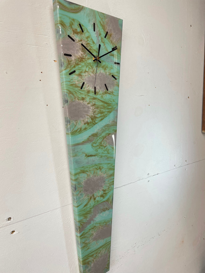 70cm Long Narrow Teal Grey and Green Abstract Resin Wall Clock