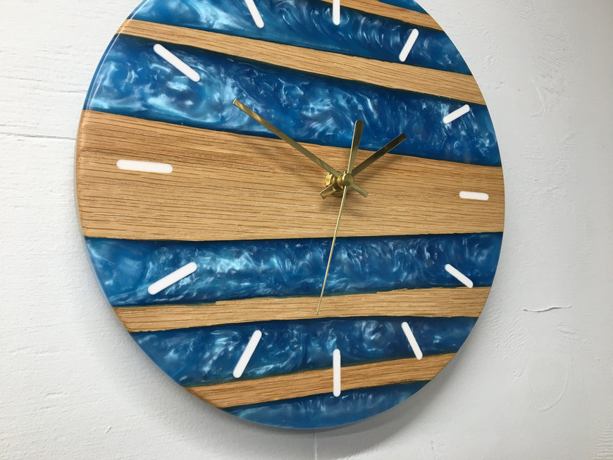 Sky Blue Pearlescent Resin and Red Oak Wall Clock