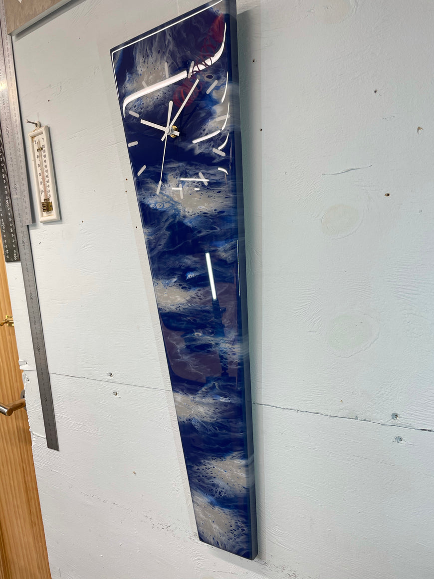 70cm Long Narrow Navy Blue White and Grey Abstract Resin Wall Clock